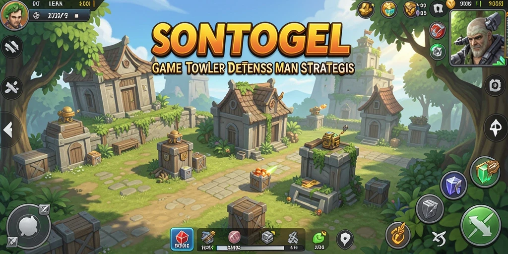 Screenshot gameplay SONTOGEL menampilkan pertarungan tower defense yang intens.